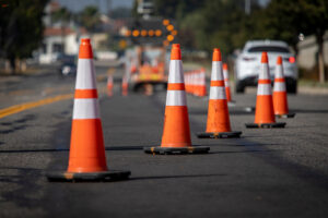 road construction cones in the roadway
